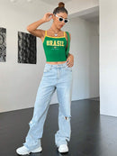 SHEIN EZwear Camiseta Cortada com Mangas Raglan e Acabamento Contrastante com Letra Gráfica Brasil Verde